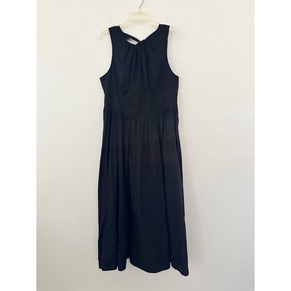 Cinq à Sept Benita Dress Tie Back Empire Waist Black Midi Cocktail Zip Womens 12 - Picture 2 of 12